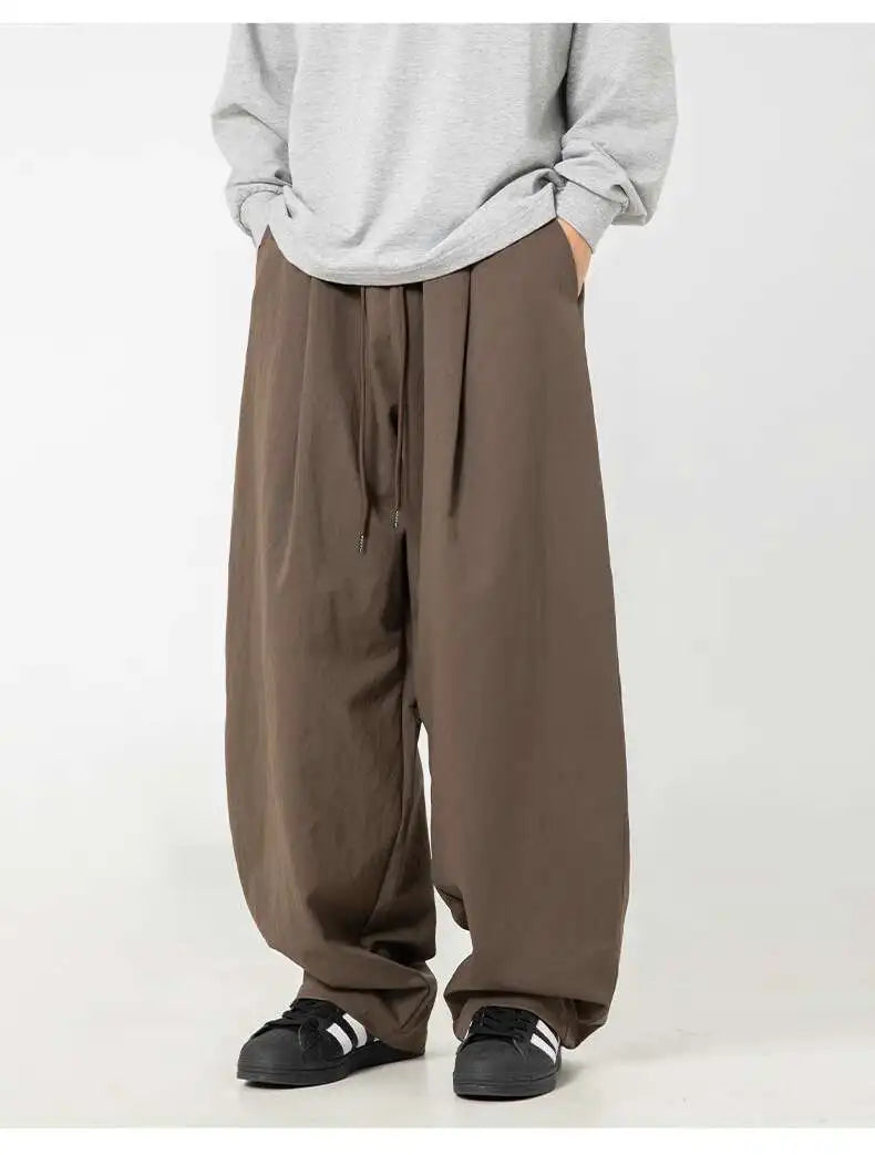 HEARUJOY  -  Pleated Design Men Casual Trousers Solid Color Drawstring Summer Korean Style Elastic Waist Straight Leg Male Pants 9W3495