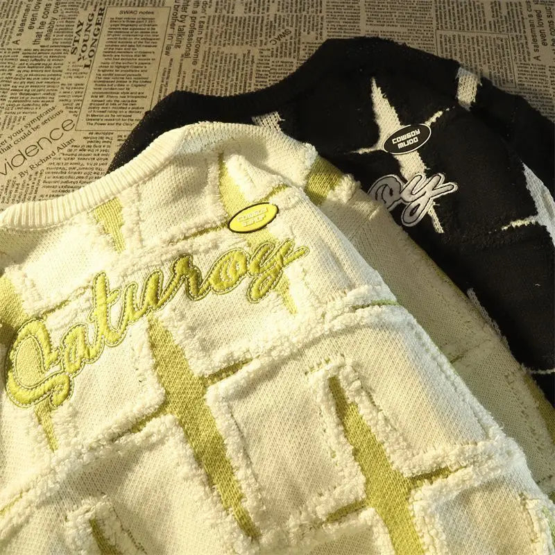 HEARUJOY  -  American Retro High Street Star Sweater Men's Spring Autumn Loose Lazy Style Oversize Japanese Knitted Jacket