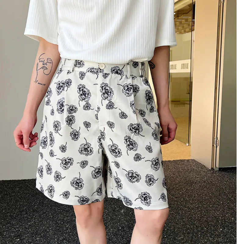 Hearujoy Male Summer Korean Printing Casual Shorts Wide Leg Knee Lenght Flowers Short Pants Men's Trendy Loose Everyday 9A8876