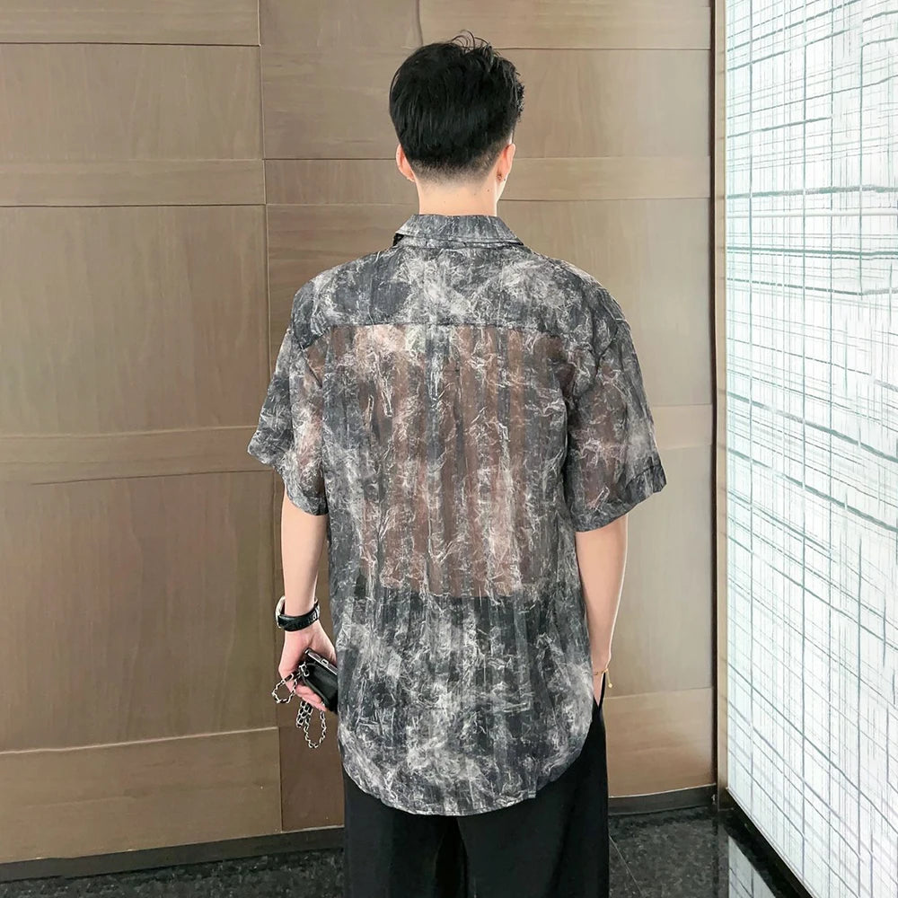 Hearujoy Men Striped See-Through Tie-Dye Mesh Short-Sleeve Casual Shirt 2024 New Genderless Fashion Night Club Sexy Loose Shirt Unisex