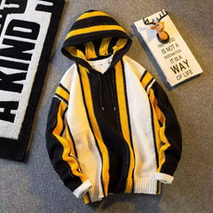 HEARUJOY  -  American Vintage Patchwork Striped Knitting Hoodie Men Autumn Winter Fashion Loose Hooded Sweatshirt High Street Sweater Warm