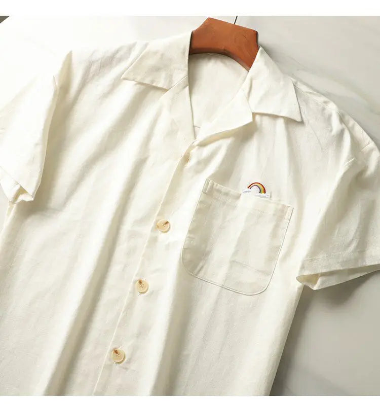 HEARUJOY  -  Japanese Linen Tops Summer Korean Style Men's Embroidered Loose Casual Cuban Collar Short-sleeved Shirt Aesthetic Academy Chic