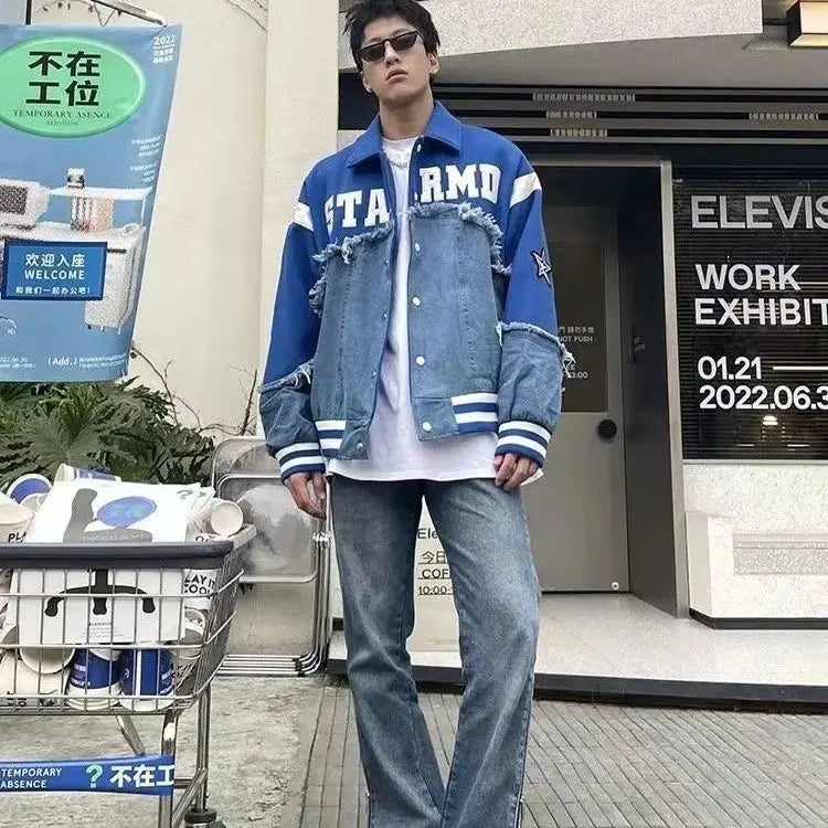Hearujoy Retro Harajuku Patchwork Y2k Baseball Jean Jacket Casual Loose Couple Coat Hip Hop High Street Denim Jacket Women Streetwear