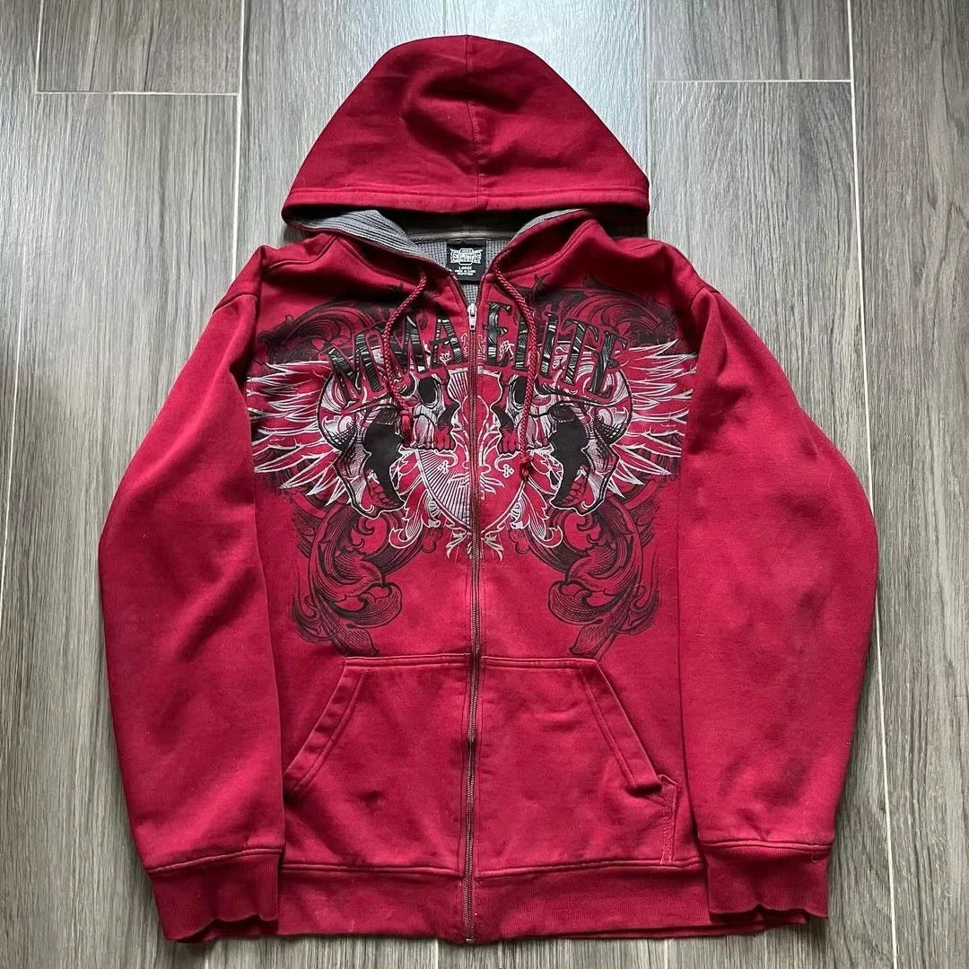 Hearujoy Y2K New Red Zipper Hoodie Retro Gothic Printed Pattern Hoodie High Street Hip-Hop Trend Sweatshirt Men's Women's Loose Hoodies