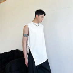 Hearujoy Korean Streetwear Fashion Summer Vest Personalized Asymmetric Design Round Neck Men's Top Versatile Solid Color Sleeveless