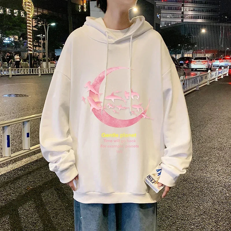 HEARUJOY  -  Funny Men's Oversized Hoodie Off White Hoodies with Hat Oversize for Men Moon Print 5XL Man Casual Wear Hoody Male Sweatshirt