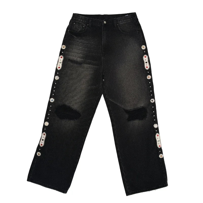 Hearujoy Baggy Embellished Jeans Y2K High Quality 20 OZ Trendy Men Women Streetwear Harajuku Retro High Street Straight Distressed Jeans
