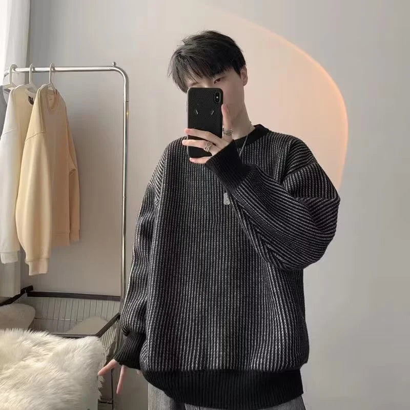 Hearujoy  Striped Knitted Sweater Coat Men Japanese Oversize Casual Autumn Winter Loose O-neck Pullovers for Man Streetwear