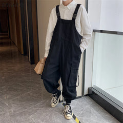 Hearujoy Suspenders Jumpsuit Pants Men Summer Overalls Japanese Loose Straps Casual Pockets Unisex Oversize Streetwear Solid Man Clothing