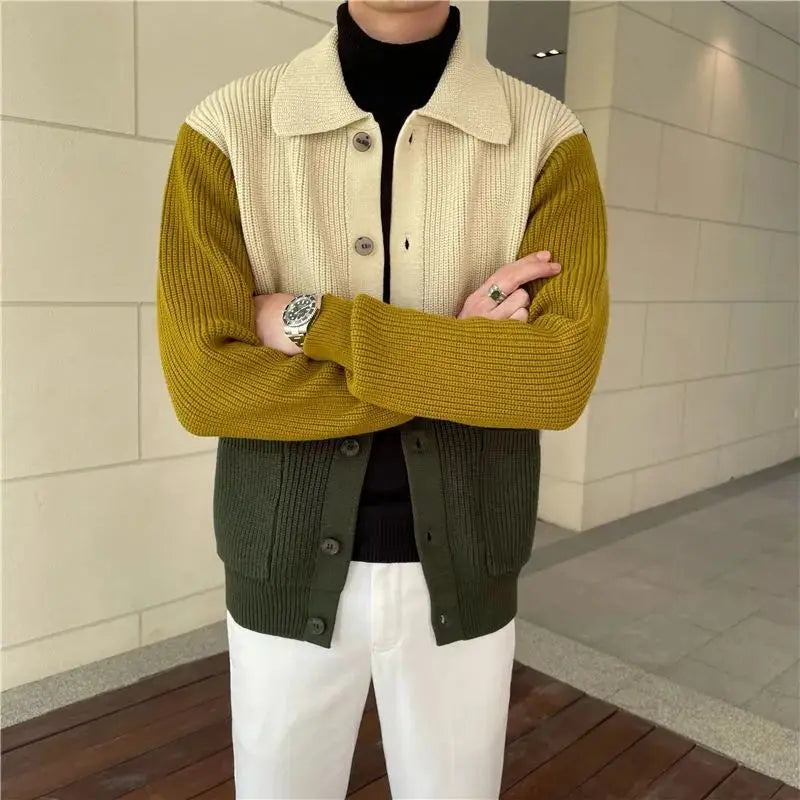 HEARUJOY  -  Patchwork Knitted Cardigan Sweater Autumn Winter Men's Matching Color Casual Loose Knitwear Fashion Sweaters Warm Coat Versatile