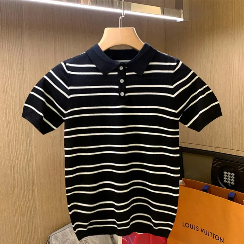 HEARUJOY  -  Summer Men's Clothing Leisure Light Luxury Knitted Polo Shirt Korean Striped Short Sleeve Retro Breathable Fashion Knitwear