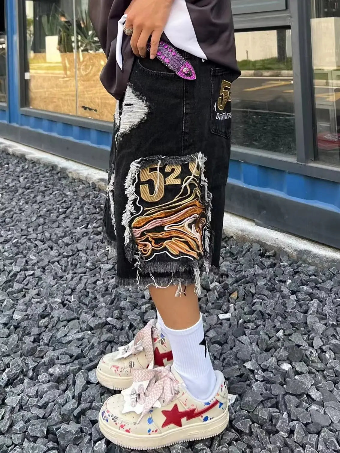 Hearujoy Embroidered tassel high street denim men's street hip-hop trendy brand ripped pants European and American fashion retro shorts
