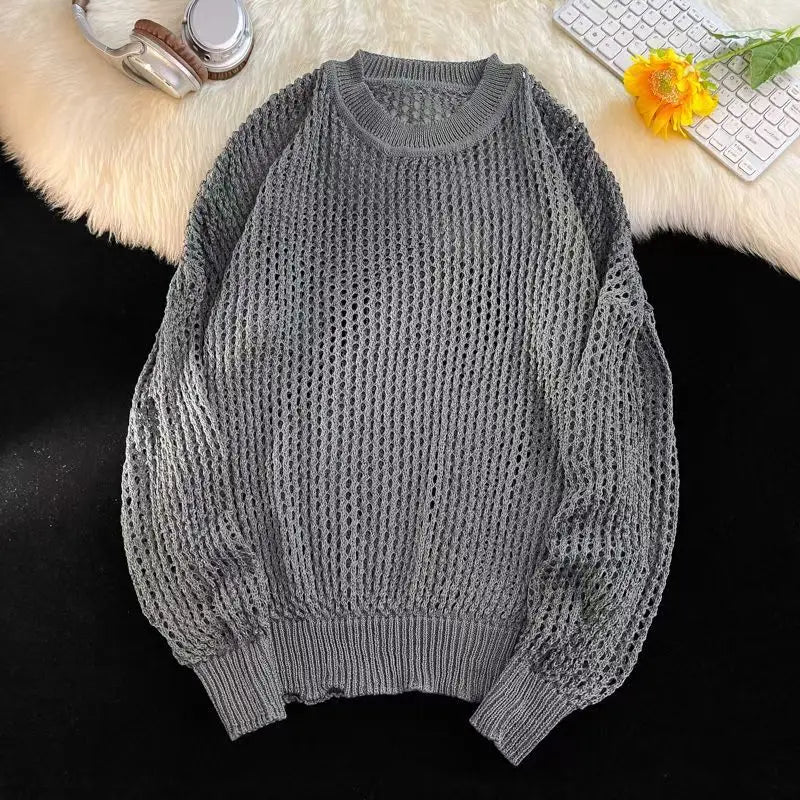HEARUJOY  -  Hollow Hole Men Women knitted Tshirts High Street Fashion Loose Long Sleeved Top Autumn Sexy Mesh Knit Sweater Pullover Unisex