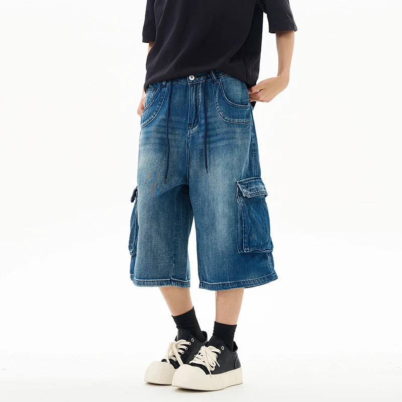 HEARUJOY  -  Summer Thin Washed Loose Multi-pocket Denim Cropped Pants For Men High Street Straight Distressed Street Wide-leg Jeans Shorts