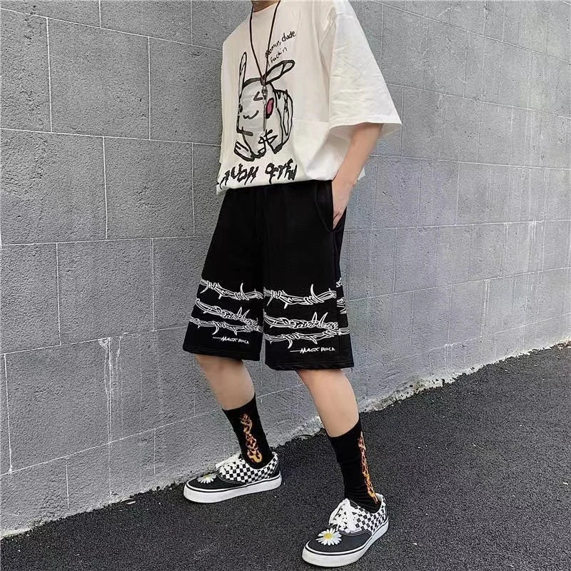 Hearujoy Summer trend ins dark high street hip-hop print personality casual shorts men's elastic waist tie quick-drying pants