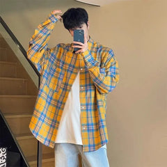 HEARUJOY  -  Casual Yellow Plaid Long-sleeved Lapel Shirt Versatile Loose Jacket for Men and Women Couples