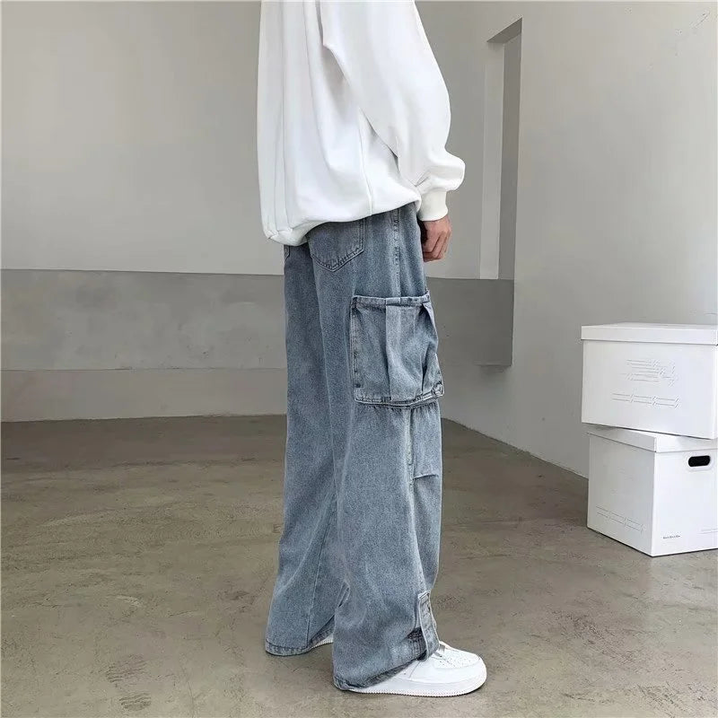 Hearujoy Hip Hop Jeans Men Baggy Cargo Pants Casual Big Pocket Denim Trousers Vintage Plus Size Bottoms Fashion Streetwear Y2K Clothing