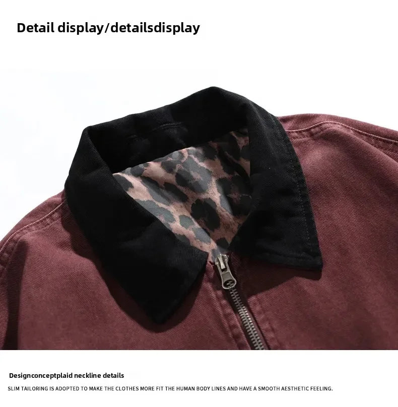 HEARUJOY  -  Men's Jacket Men's Workwear Collared Outerwear Vintage Pure Cotton Leopard Print Detroit Jacket Mens Leather Bomber Jacket Denim