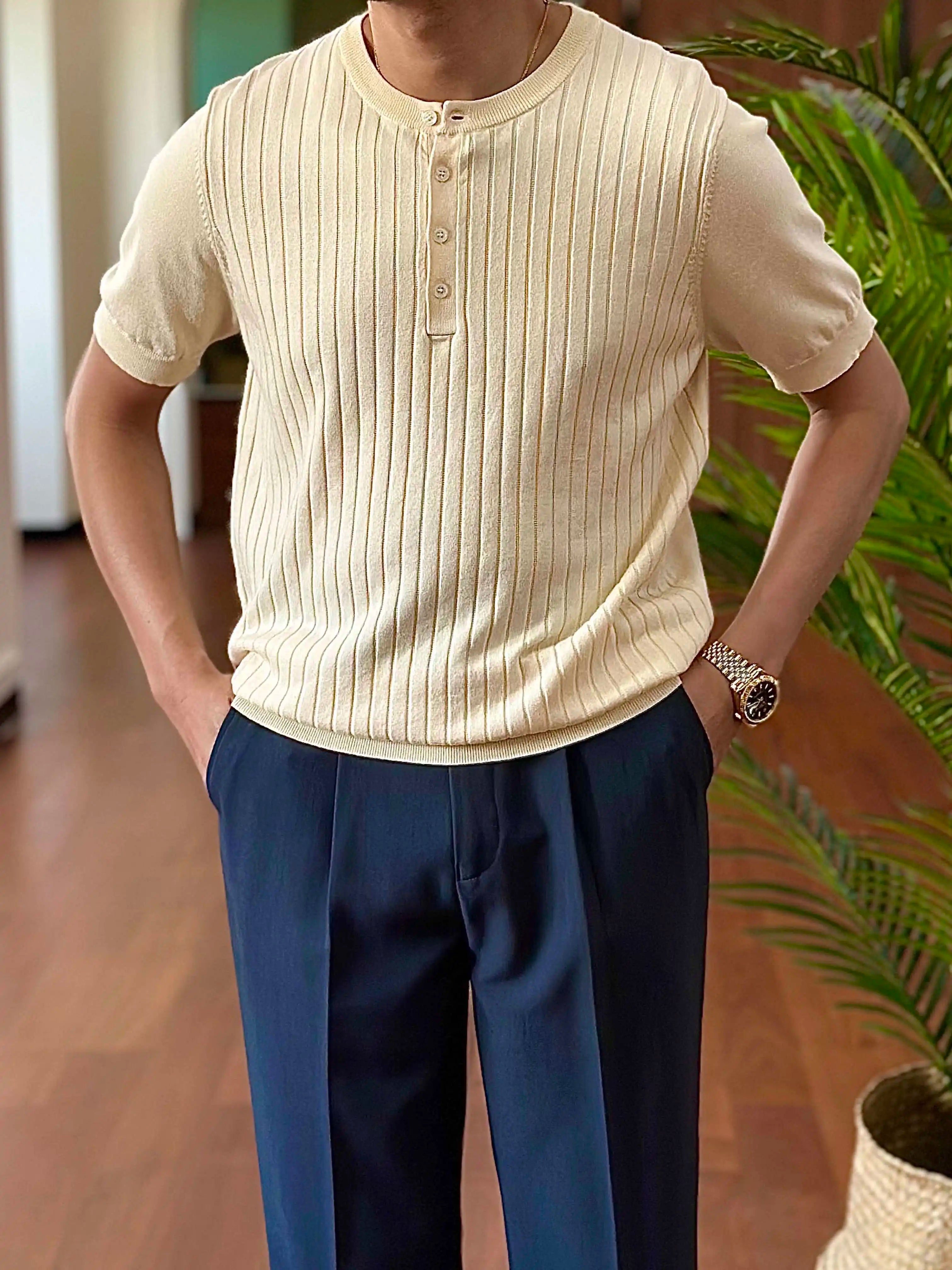 HEARUJOY  -  Cotton Blend Breathable Comfortable Trendy Knitted T Shirt Homme Top Quality T-Shirt Man Henry Neck Short Sleeved T-shirt Man