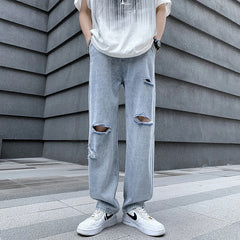 Hearujoy Men's Perforated Jeans Summer Thin Loose Fit Straight Leg Pants American High Street Vintage Knife Cut Solid Jeans