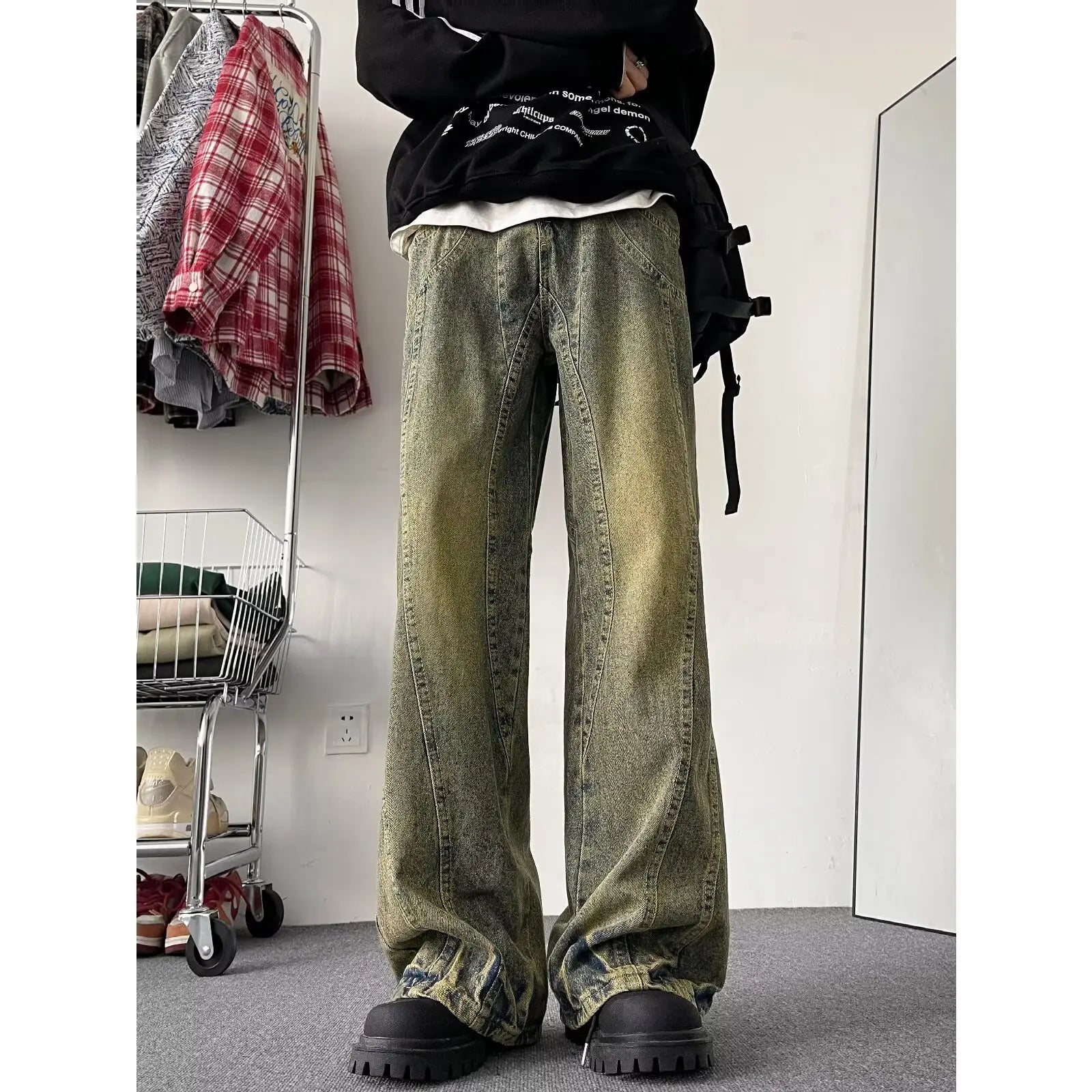 Hearujoy Autumn New Jeans Men 2024 Wide Leg Jeans Male Vintage Loose Denim Pants Harajuku Yellow mud Mopping Trousers Streetwear Clothes