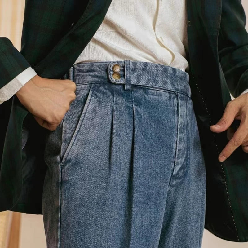 HEARUJOY  -  Fashion Spring Autumn Men Naples Jeans Pants British Styles Waist Buckle Vintage Trousers Business Gentleman Casual Denim Pants