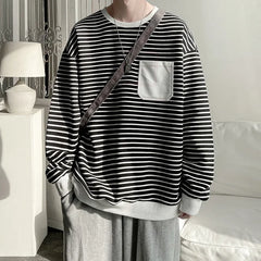 HEARUJOY  -  Loose round Neck T-Shirt Men's Casual Stripe White Fashionable Korean Style Autumn Top for Men Comfortable Sweatshirt