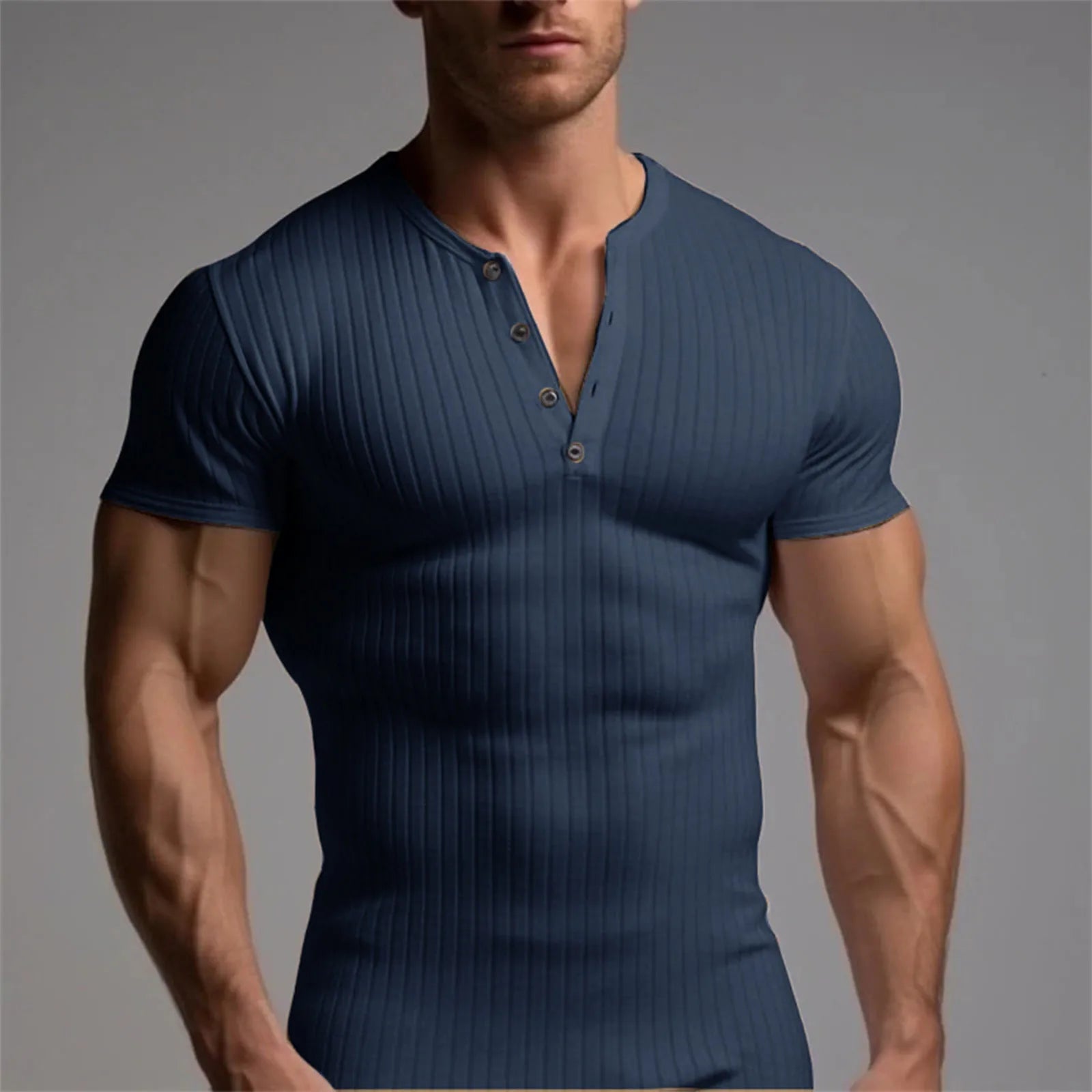 HEARUJOY  -  Men's Threaded T-shirt Summer Running Sports Fitness Clothes Muscle Slim Fit Short Sleeve T-shirt V-neck Collar Casual Tops