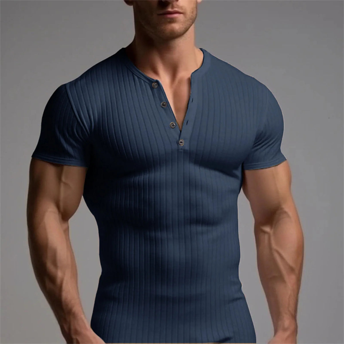 HEARUJOY  -  Men's Threaded T-shirt Summer Running Sports Fitness Clothes Muscle Slim Fit Short Sleeve T-shirt V-neck Collar Casual Tops