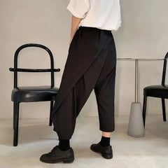 Hearujoy Men Double-Layer Irregular Pleated Wide-Leg Pants 2024 New Genderless Dark Style Retro Loose Solid Color Nine-Point Pants Unisex