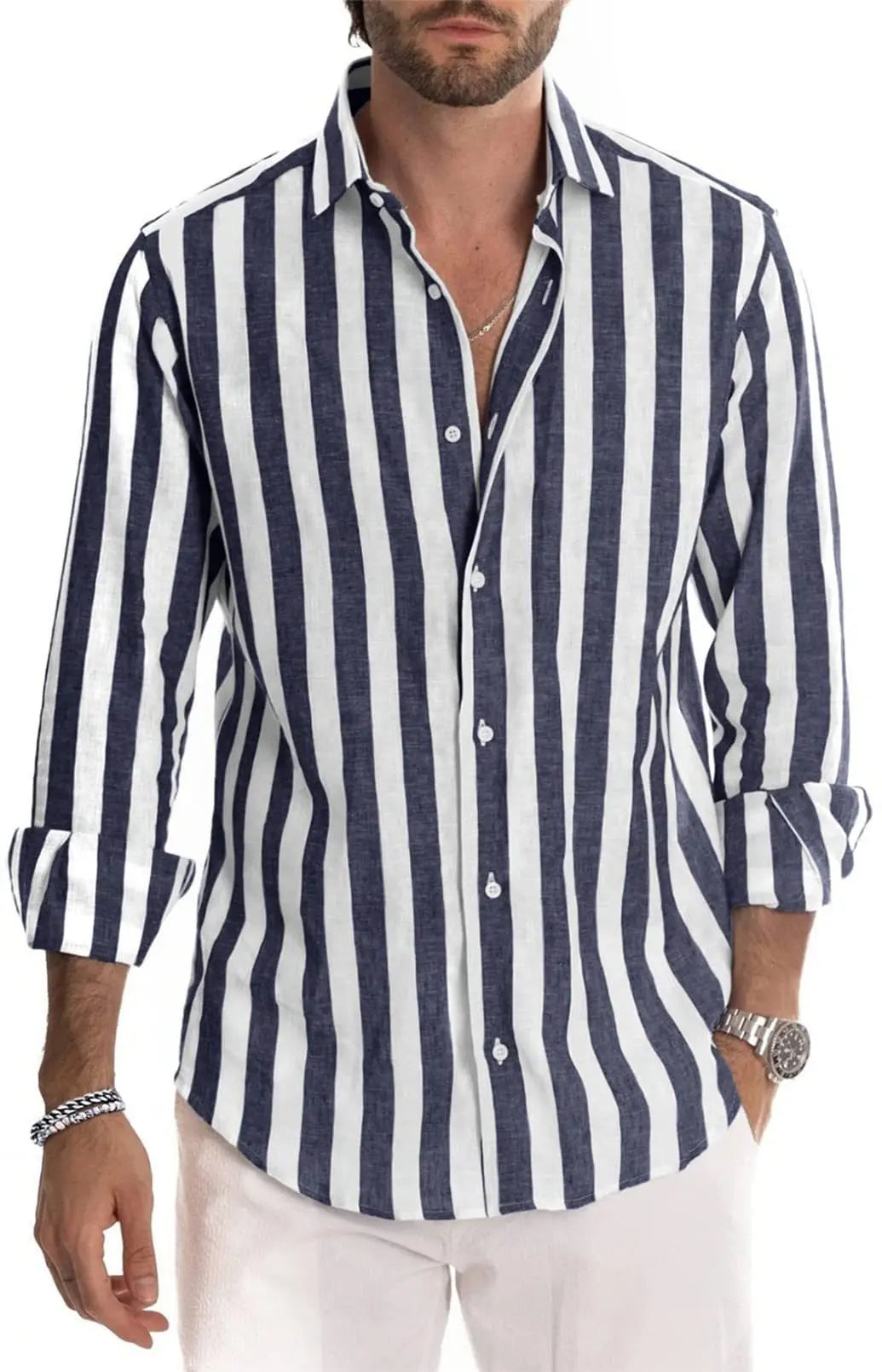 Hearujoy Cotton Striped Shirt Men's Long Sleeve Shirts Summer Blue Button Up Shirt Black Streetwear 4XL Loose Casual Breathable