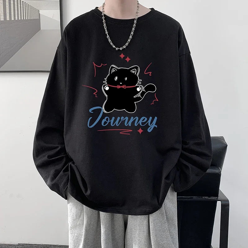 HEARUJOY  -  Men's Plain T-shirts Cotton Full Sleeves 5XL Fashion White Mens Oversized T Shirt Casual Wear Funny Cat Print Tee Shirts for Men