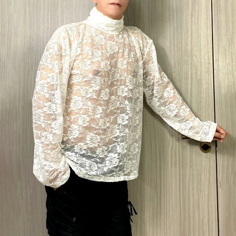 Hearujoy Mens Spring Autumn Lace Transparent Sexy Rose High Neck Long Sleeve T-Shirt Genderless Hollow Breathable Jacquard Top Unisex