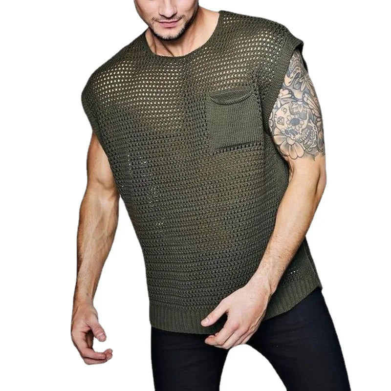 Hearujoy Green Knit Mesh Vest Men Transparent Sexy Men's Tank Tops Red See Through Men's Clothing Sleeveless Tee Streetwear