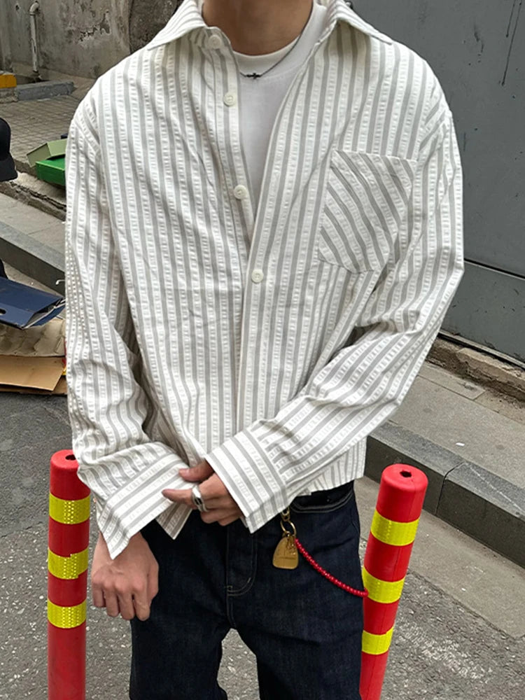 HEARUJOY  -  Spring Fall Casual Mens Striped Printed Shirt Long Sleeve Button-up Turn-down Collar Vintage Shirts Men Daily Leisure Cardigans
