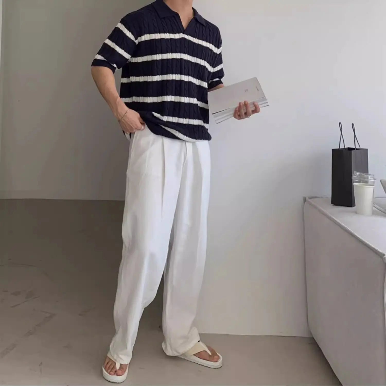 HEARUJOY  -  Twist striped knitted polo shirt short-sleeved men's Korean style slim and versatile casual lapel T-shirt trendy