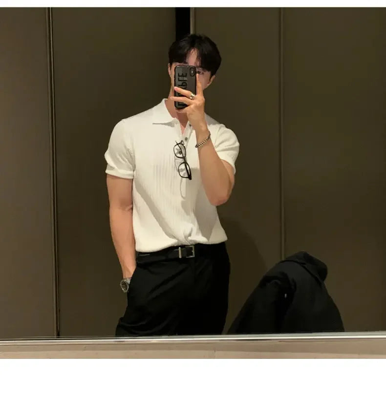 HEARUJOY  -  Lapel Polo Shirt Short-sleeved Men's Trendy Brand Loose Casual Summer Thin Solid Color Knitted Sweater T-shirt Base Shirt