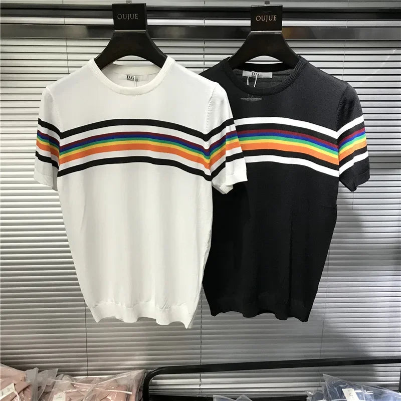 Hearujoy Summer New Men's Trendy Ice Silk Knit Striped Short Sleeve T-shirt Slimming Effective Cooling Half Sleeve T-shirt