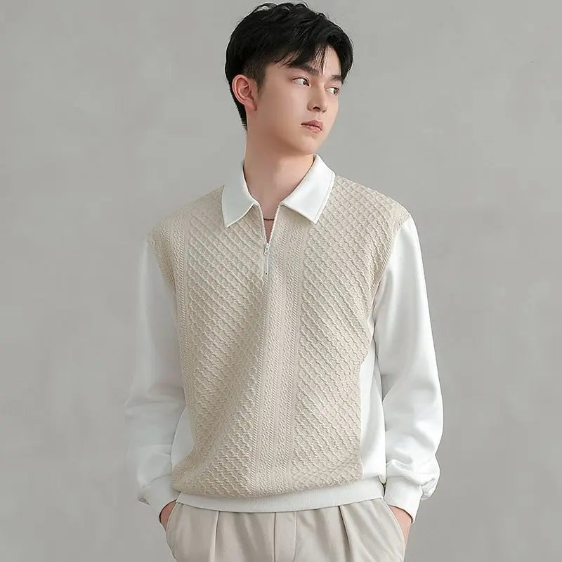 HEARUJOY  -  Trend Fashion Men Polo Shirts Spring Autumn New Lapel Half Zipper Fake Two Pieces Contrast Color Korean Casual Long Sleeve Tops
