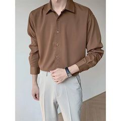 Hearujoy High-end Brown Ice Silk Shirts for Men and Women 2024 Spring Korean Fashion Loose Solid Color Long Sleeve Button Men's Shirt