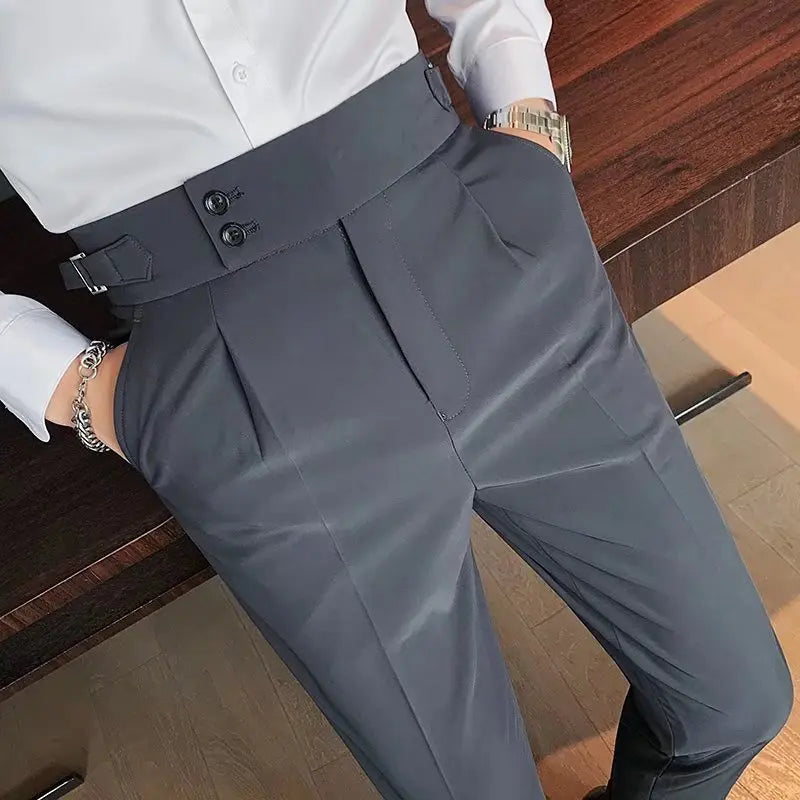 HEARUJOY  -  Men Korean Cropped Pants Fashion Casual Naples Trousers Slim Fit Pencil Suit Pants High Waist Button Business Straight Trousers