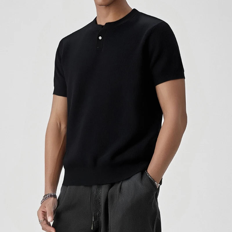 HEARUJOY  -  Vintage Men's Henley Neck Knit T Shirts Summer Casual Breathable Slim Fit Elastic Knitted Tee Men Fashion Short Sleeve Pullovers