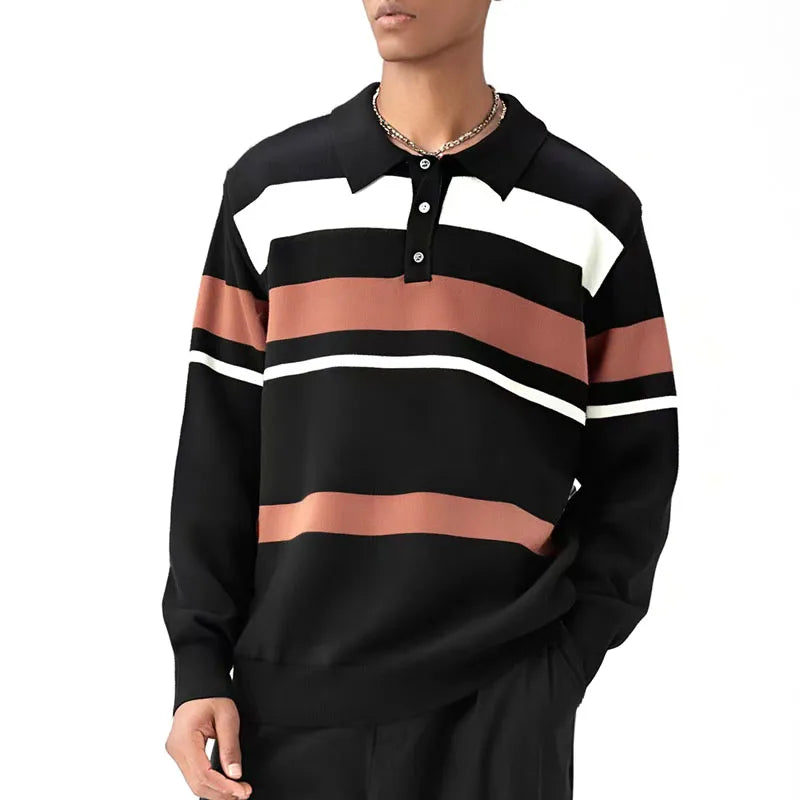 HEARUJOY  -  Fashion Textured Knitted Sweater Men Polo Shirts Long Sleeve Turn-down Collar Stripe Splicing Color Tops Autumn Men Knit Clothes