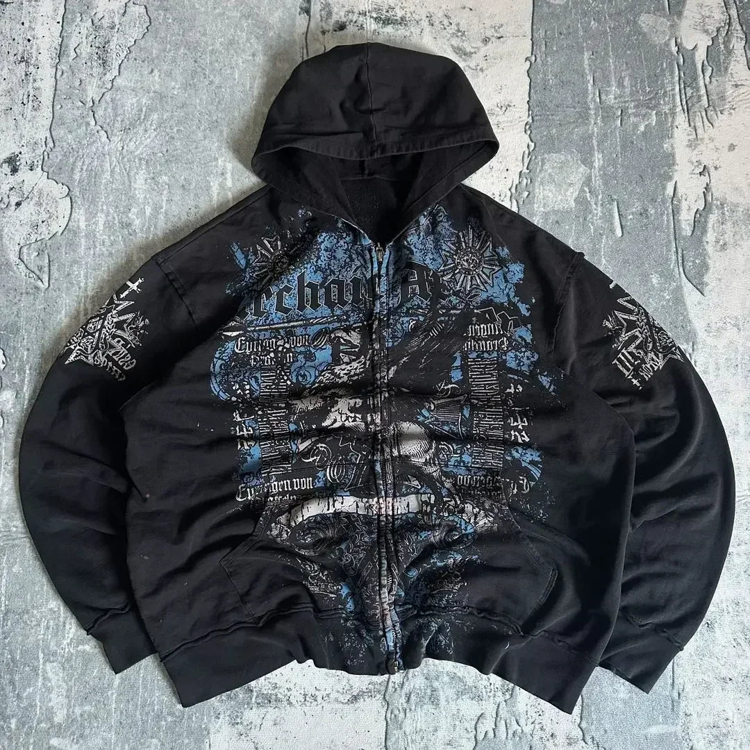 Hearujoy Affliction Hoodie Retro Gothic Skull Oversize Zipper Hoodie Mens Womens Hip Hop Casual Sweatshirt Personality Hooded Jacket Coat