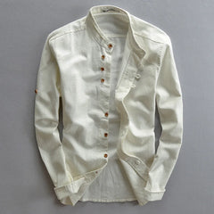 HEARUJOY  -  Vintage High Quality Linen Shirt For Men Long Sleeve Stand Neck Slim Fit Top Chinese Style Retro Blouse Streetwear Plus Size 7XL