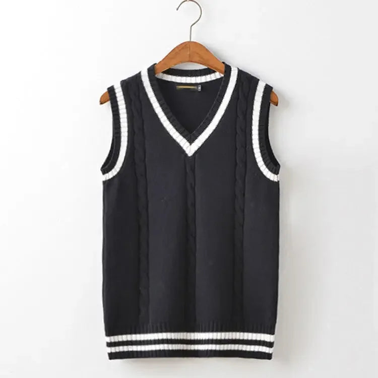 HEARUJOY  -  Striped White Knitted Sweaters for Men Blue Sleeveless Man Clothes V Neck Vest Red Waistcoat Jumpers Sweat-shirt Cigaret Cotton