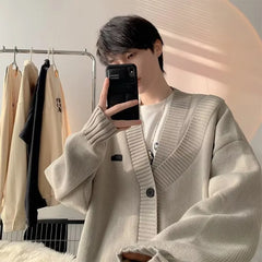 Hearujoy Men's Korean Review Clothes Luxury Retro Knit Cardigan Long Sleeve Streetwear Stylish Sweater Leisure Coat Fashion Knitwear