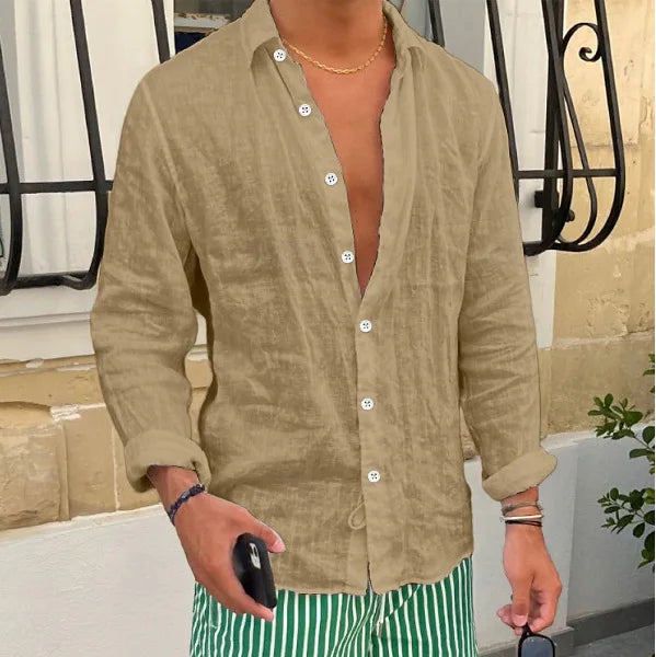 HEARUJOY  -  Men Seaside Beach Vintage Solid Cardigans Top Spring New Casual Linen Shirts Mens Long Sleeve Button-up Turn-down Collar Shirt