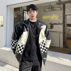 Hearujoy Spring autumn fashion streetwear Korean checkerboard stitching leather jacket men loose casual handsome leather jacket