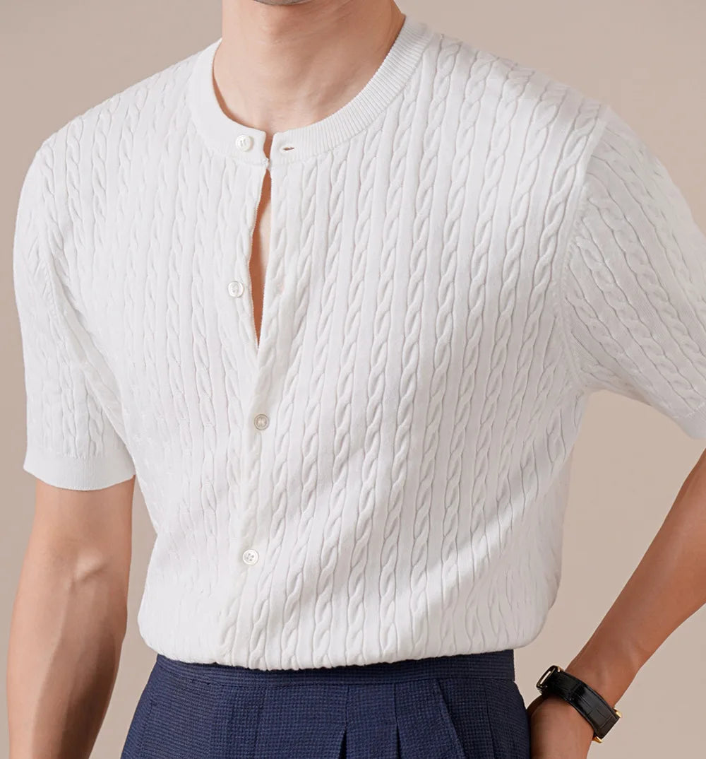 HEARUJOY  -  Summer Tencel Cotton Jacquard Knit Cardigan Men's Short Sleeve Thin Round Neck Draped Casual Business T-Shirt Breathable Polo